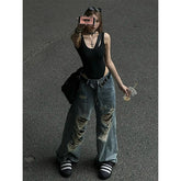 Lunivop Women's Y2k Ripped Jeans Baggy Harajuku 2000s Trashy 90s Aesthetic Denim Trousers Streetwear Oversize Jean Pants Vintage Clothes